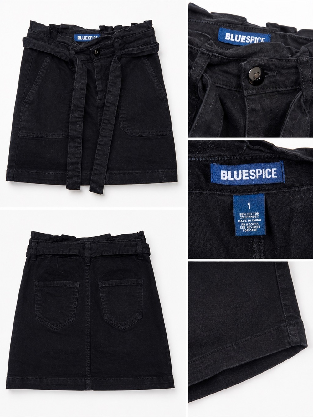 Blue Spice Black Paperbag Waist Denim Mini Skirt | Tie Belt | Size 1